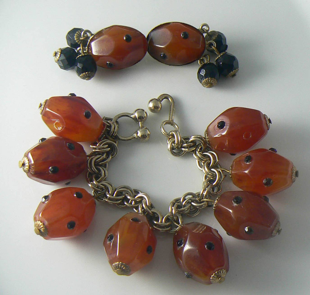 Rare Kafin Bakelite Rhinestone Bracelet Earring Set