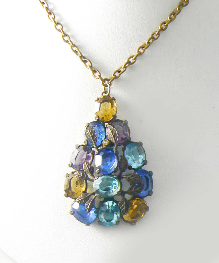 Vintage Art Deco Fruit Salad Rhinestone And Leaf Necklace
