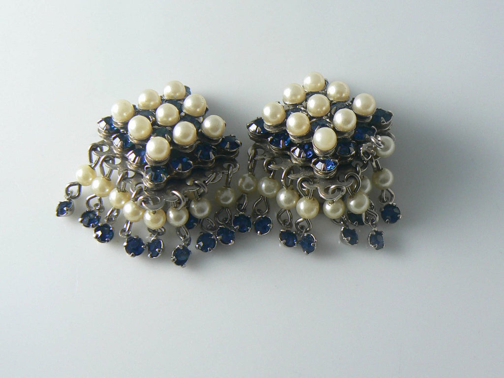 Vintage Leru Faux Pearl Sapphire Blue Rhinestone Earrings