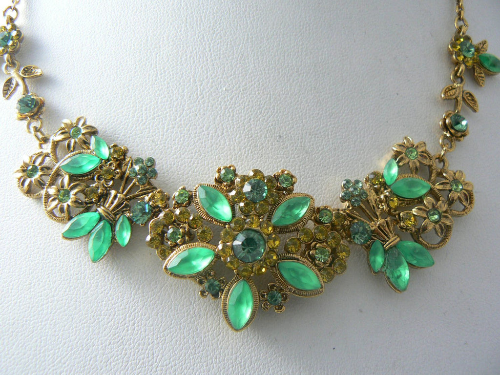 Lime Green And Emerald Green Floral Necklace And Earrings - Vintage Lane Jewelry