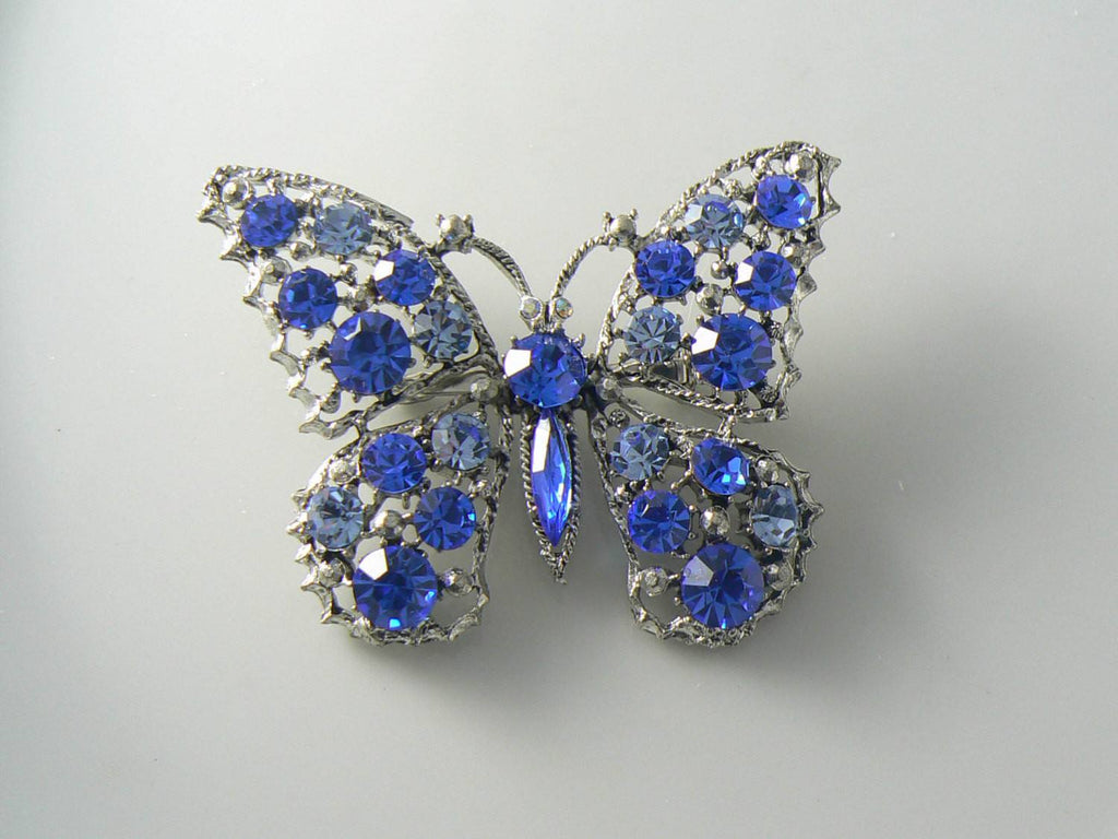 Vintage Weiss Blue Rhinestone Large Butterfly Brooch