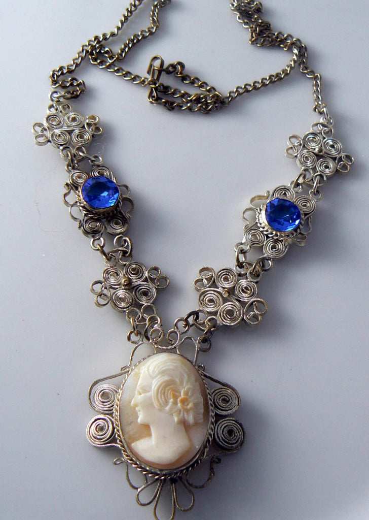 Beautiful old silver filigree carved shell cameo necklace