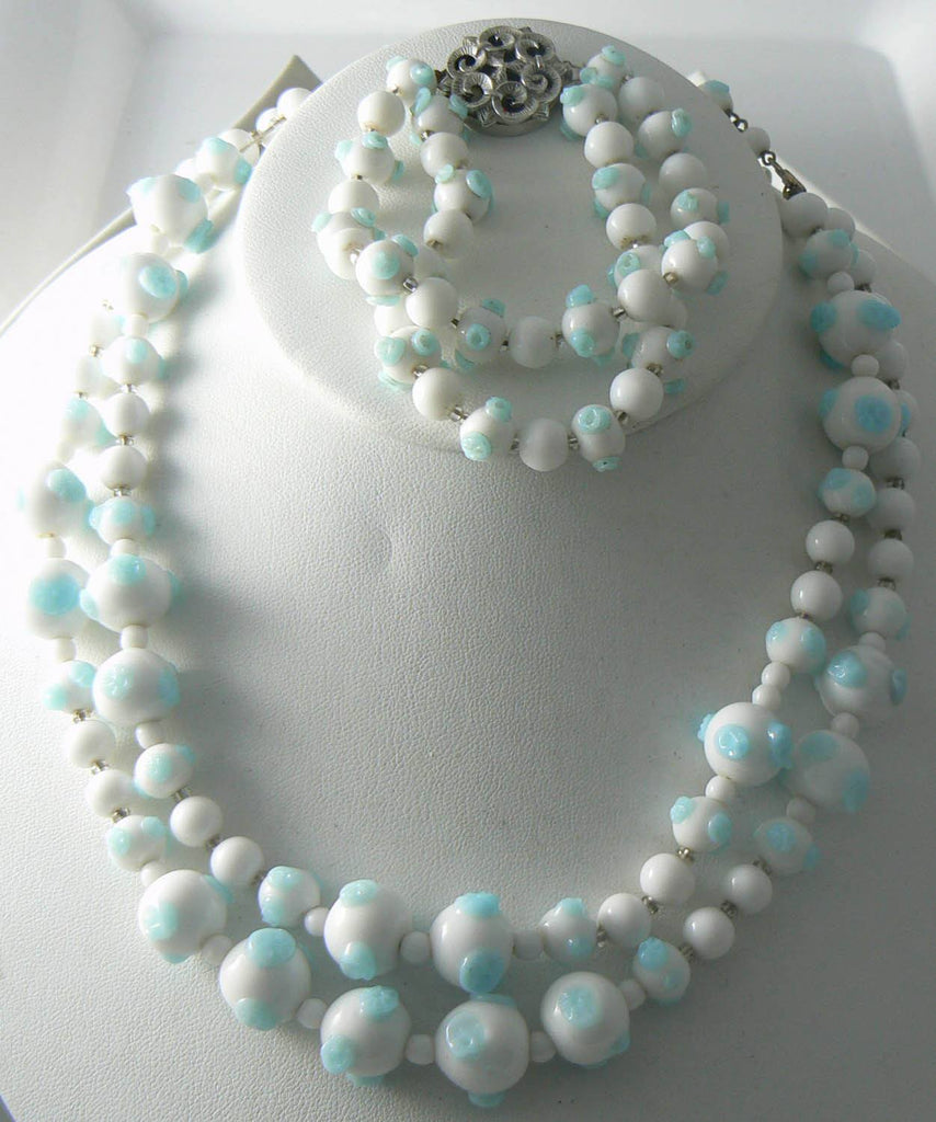Blue And White Glass Bead Trifari Necklace Bracelet Set