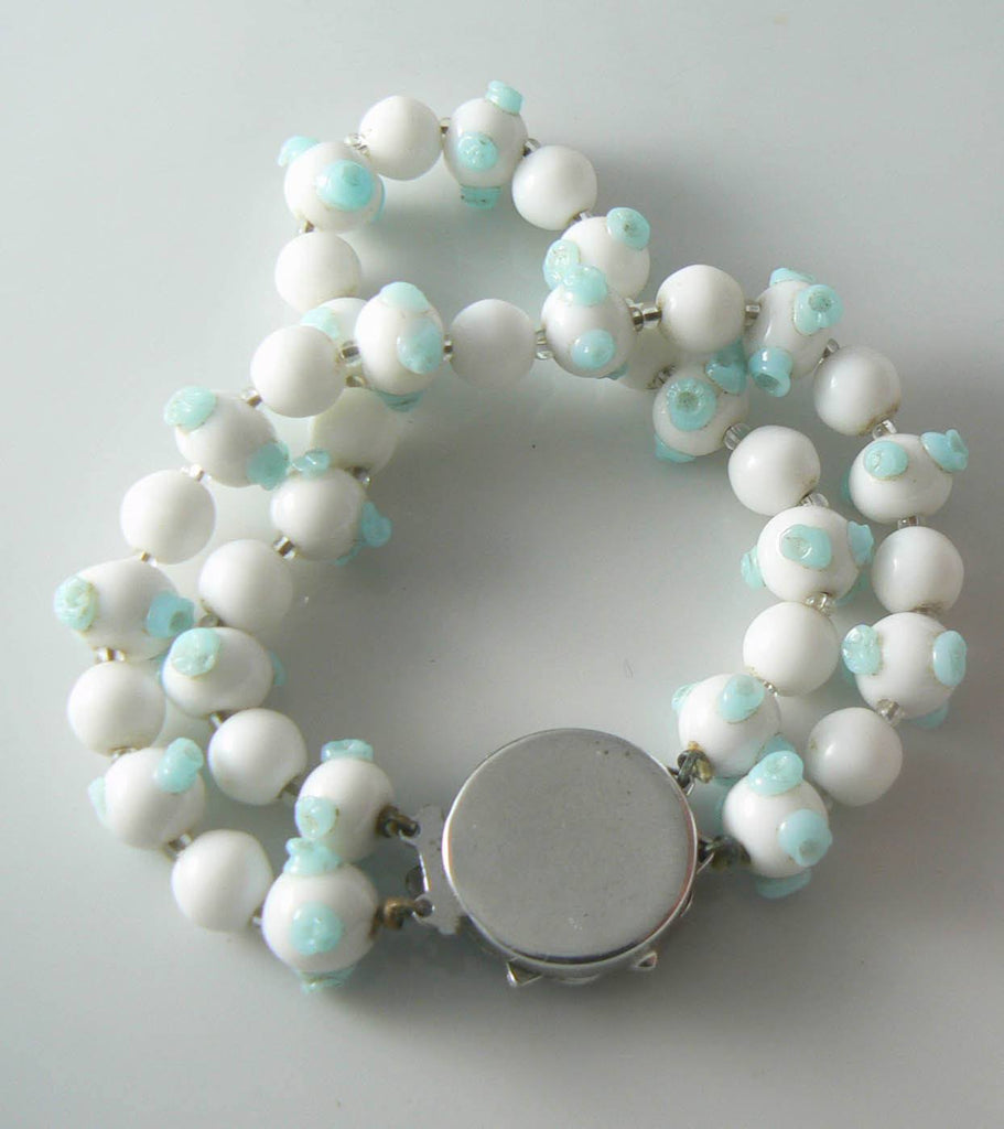 Blue And White Glass Bead Trifari Necklace Bracelet Set - Vintage Lane Jewelry