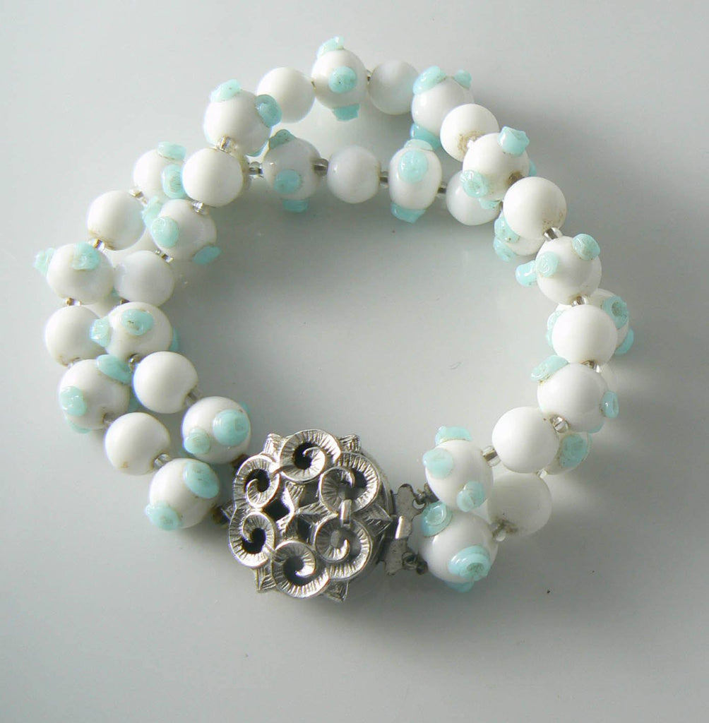 Blue And White Glass Bead Trifari Necklace Bracelet Set - Vintage Lane Jewelry