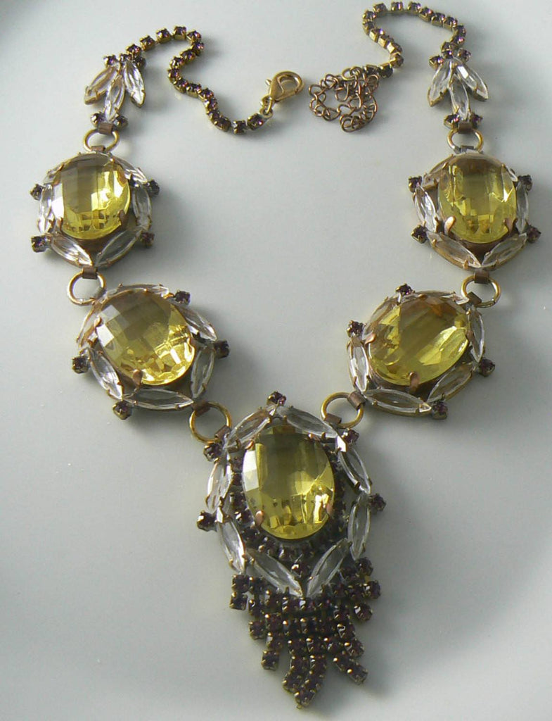 Yellow Gold, Purple And Clear Czech Glass Rhinestone Necklace
