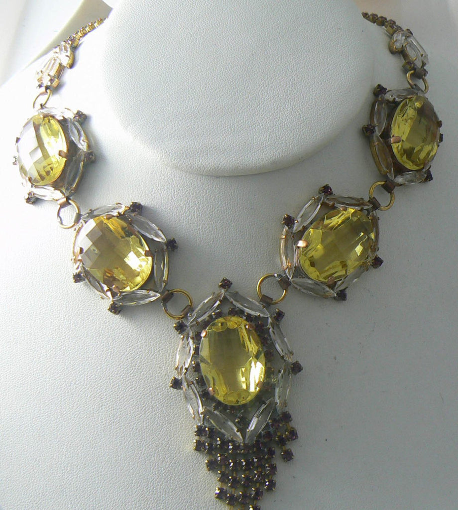 Yellow Gold, Purple And Clear Czech Glass Rhinestone Necklace - Vintage Lane Jewelry