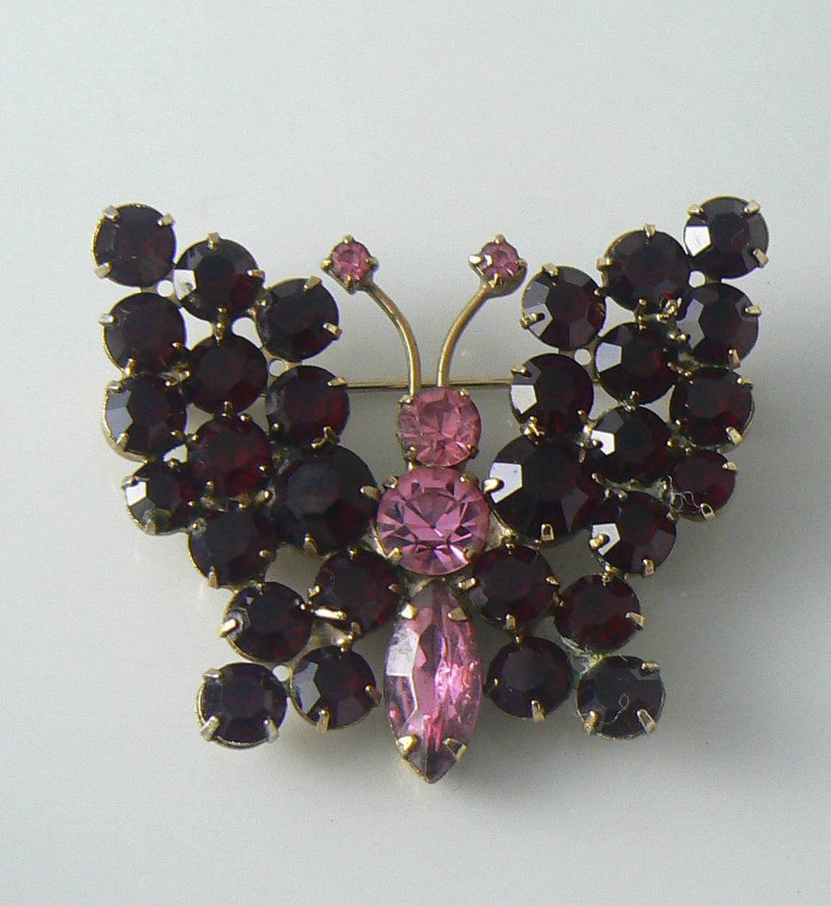Vintage Red and Pink Rhinestone Butterfly Brooch
