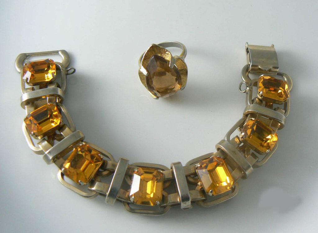 Amber Faceted Crystal Glass Gold Link Bracelet Ring Set