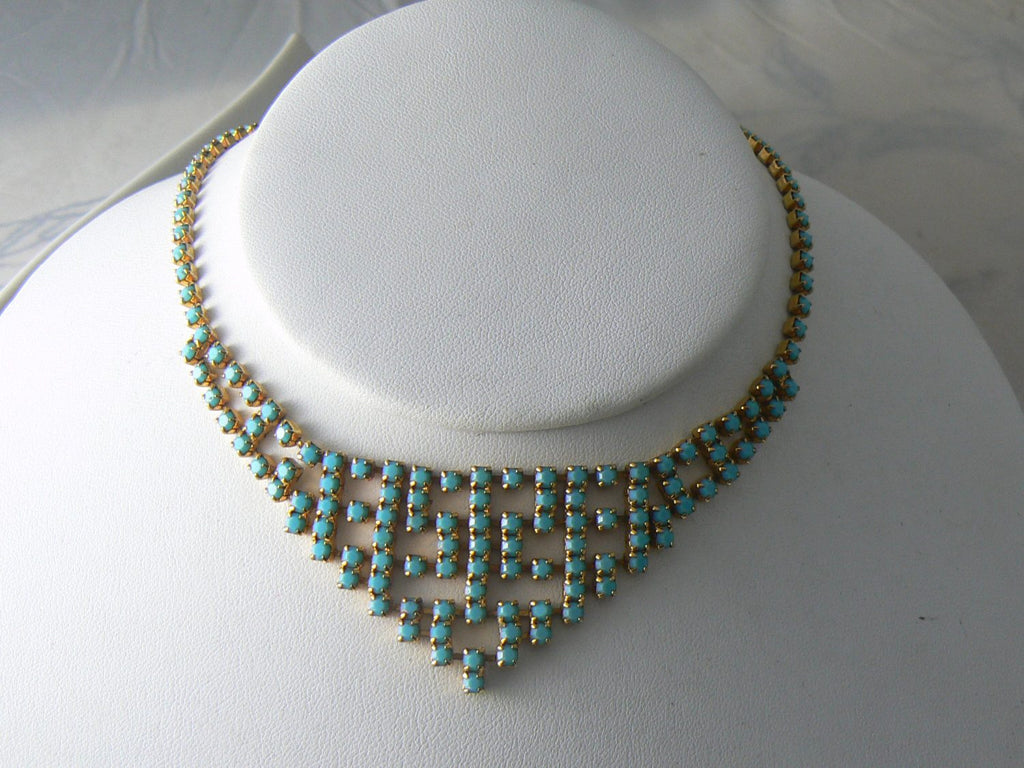 Vintage Necklace Turquoise Blue Gold Tone Choker
