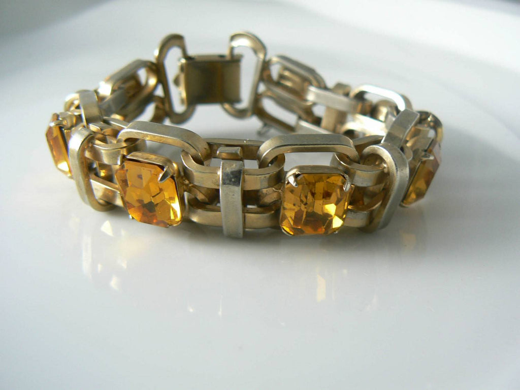 Amber Faceted Crystal Glass Gold Link Bracelet Ring Set - Vintage Lane Jewelry