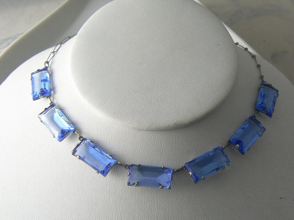 Beautiful Art Deco Blue Rectangular Glass Panel Necklace