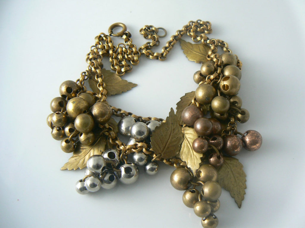 Grape Cluster Leaf Necklace In Brass, Silver, Copper Tones
