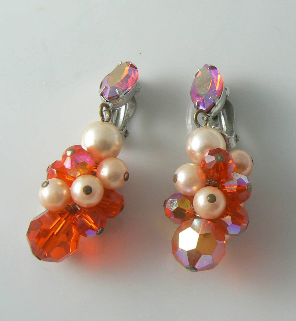 Lewis Segal Orange Faux Pearl And Rhinestone Dangle Earrings