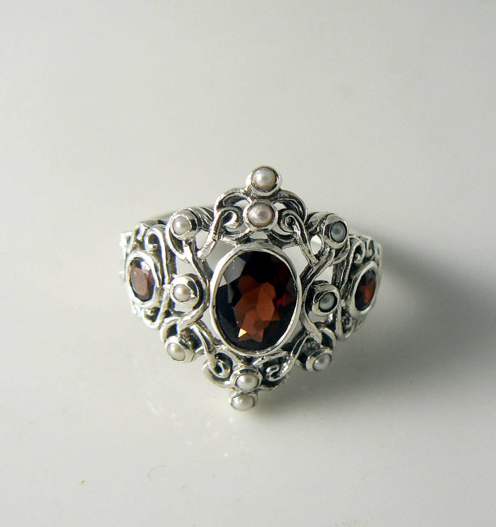 2 Carat Natural Garnet And Seed Pearl Filigree Ring