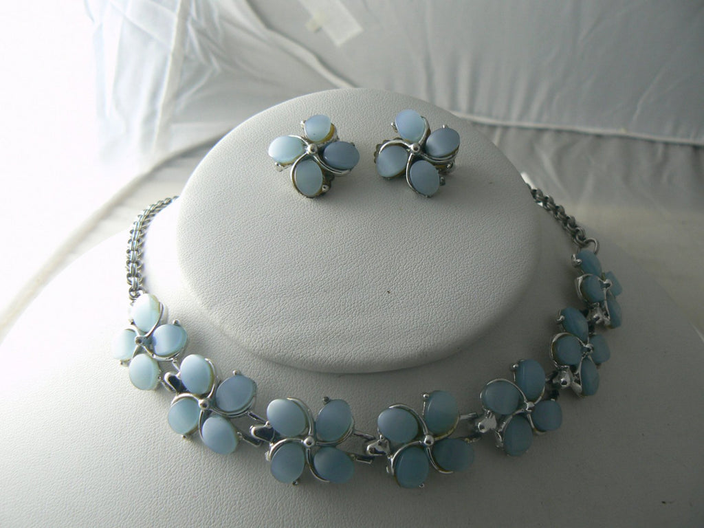 Vintage Light Blue Thermoplastic Necklace And Earrings