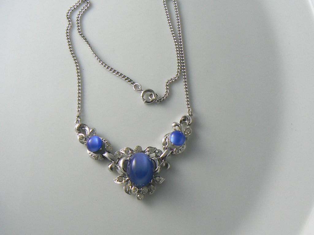 Vintage Art Deco Blue And Clear Rhinestone Necklace