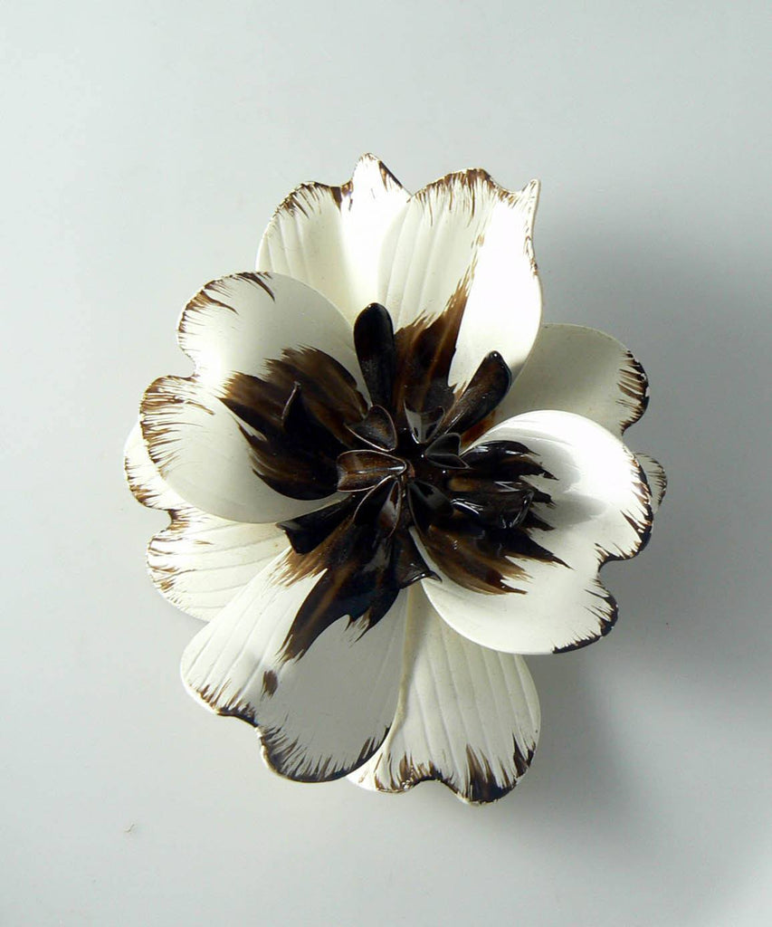 Gorgeous Black And White Enamel Magnolia Brooch