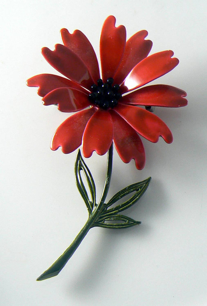 Vintage Red Enamel Daisy Brooch