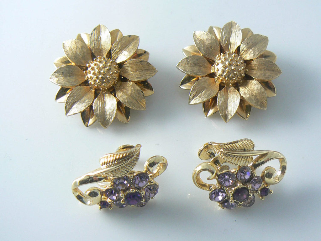 Gold Flower Sarah Coventry And Purple Rhinestone Earrings