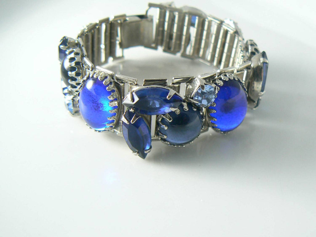 Amazing Blue Rhinestone Glass Cabochon Bracelet Earring Set - Vintage Lane Jewelry