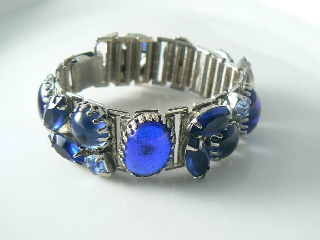 Amazing Blue Rhinestone Glass Cabochon Bracelet Earring Set - Vintage Lane Jewelry
