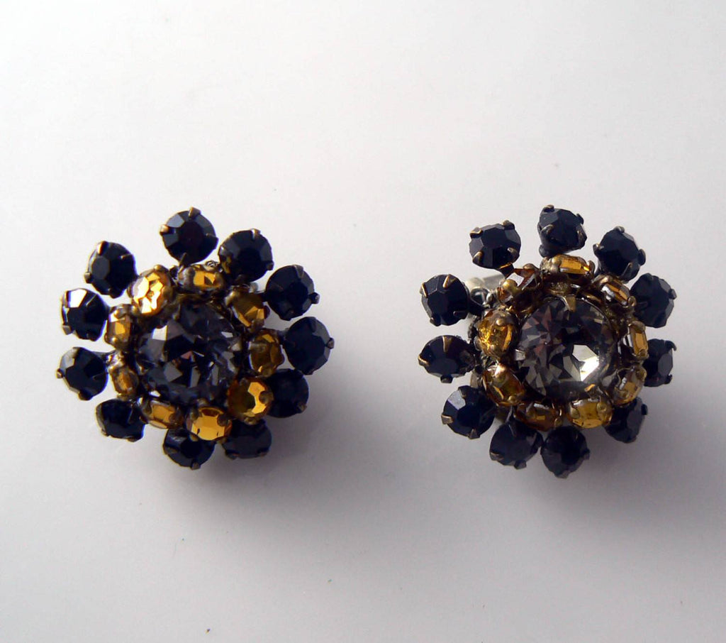 Miriam Haskell Black and Topaz Rhinestone flower earrings