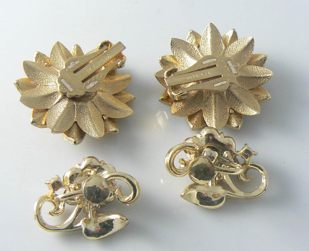 Gold Flower Sarah Coventry And Purple Rhinestone Earrings - Vintage Lane Jewelry