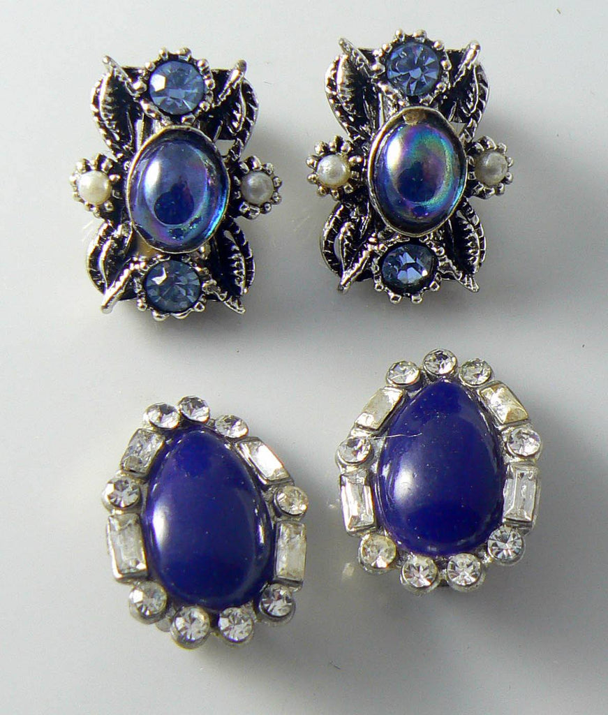 2 Pair Vintage Blue Rhinestone Clip Earrings