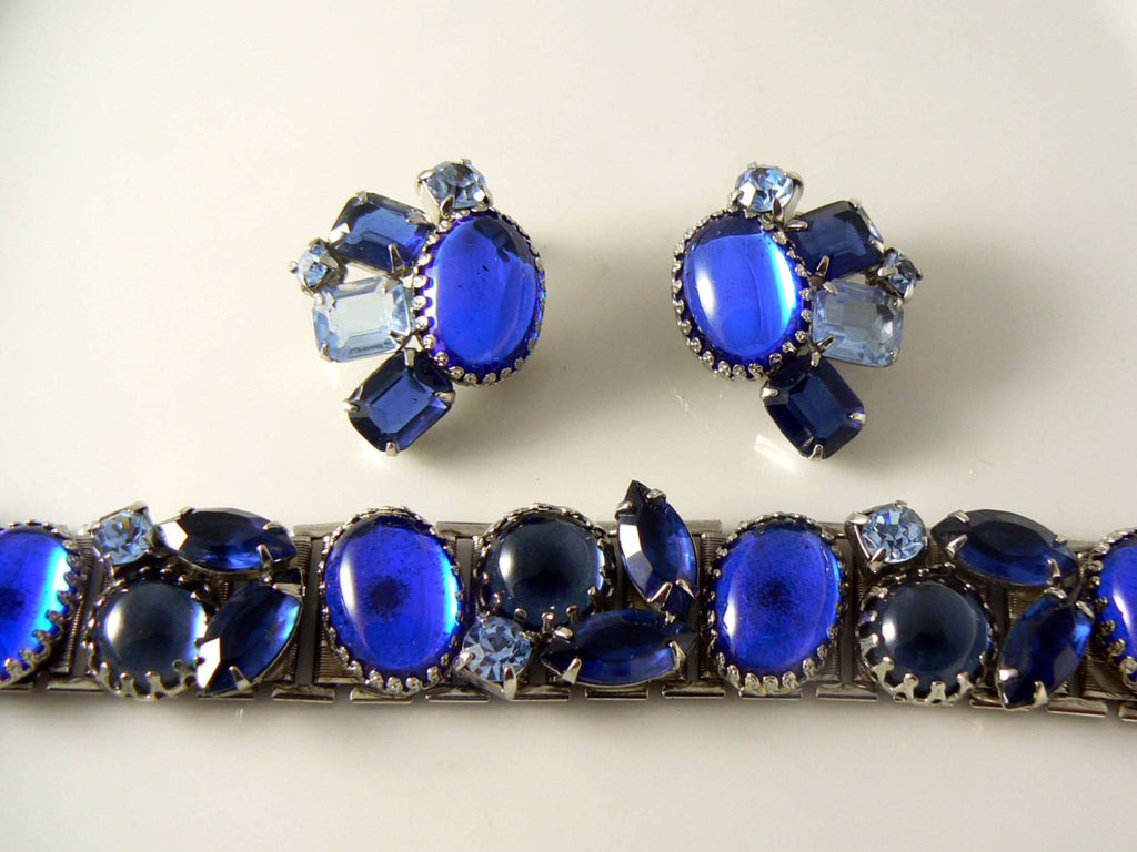 Amazing Blue Rhinestone Glass Cabochon Bracelet Earring Set