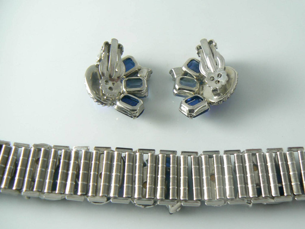 Amazing Blue Rhinestone Glass Cabochon Bracelet Earring Set - Vintage Lane Jewelry