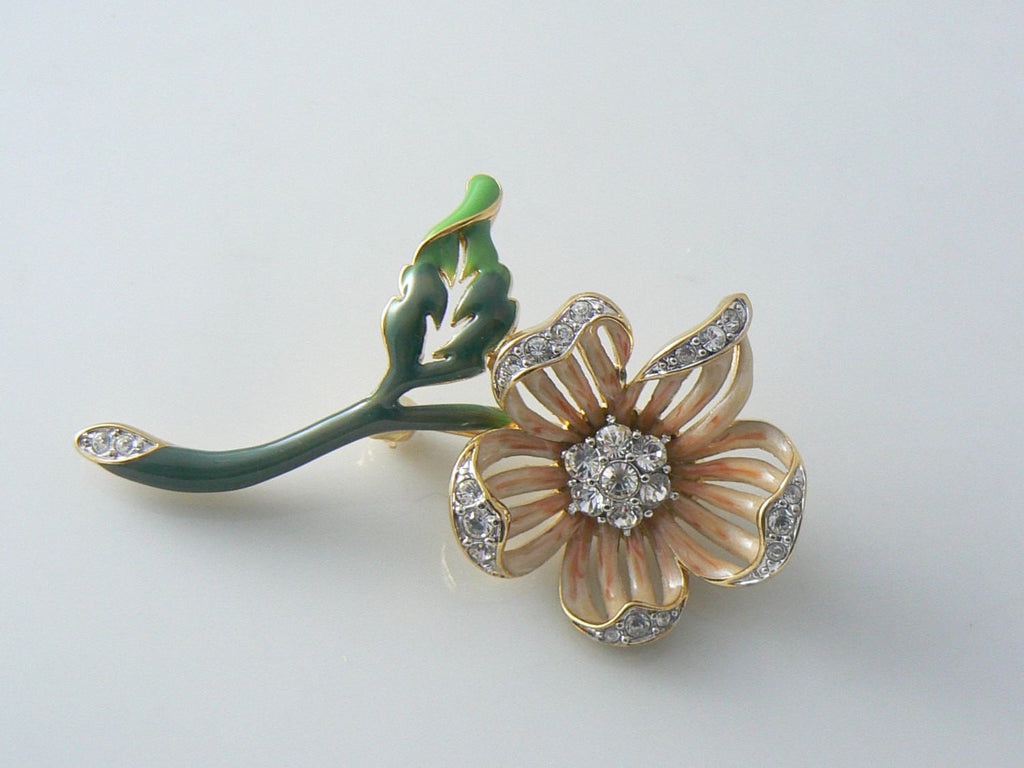 Vintage Peach Enamel/rhinestone Flower Brooch Nolan Miller