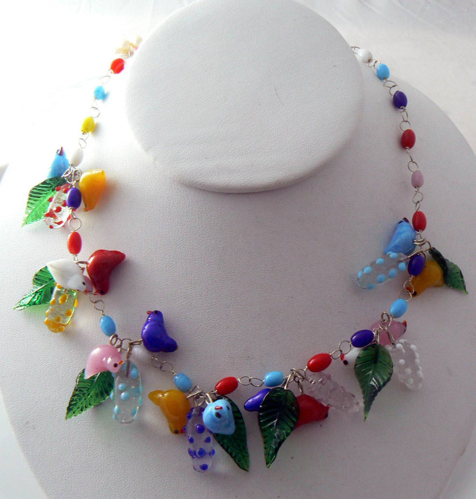 Vintage Murano Glass Birds, Leaves And Blossoms Necklace