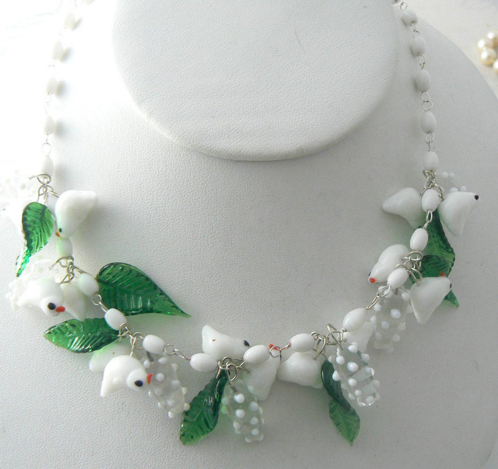 Vintage Murano White Glass Birds, Leaves And Blossoms Necklace