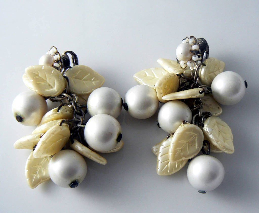 Miriam Haskell Dangling Faux Pearl Glass Leaves Clip Earrings