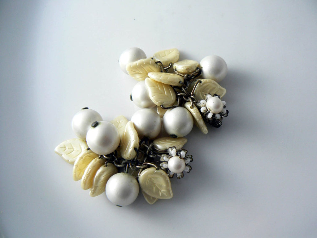 Miriam Haskell Dangling Faux Pearl Glass Leaves Clip Earrings - Vintage Lane Jewelry