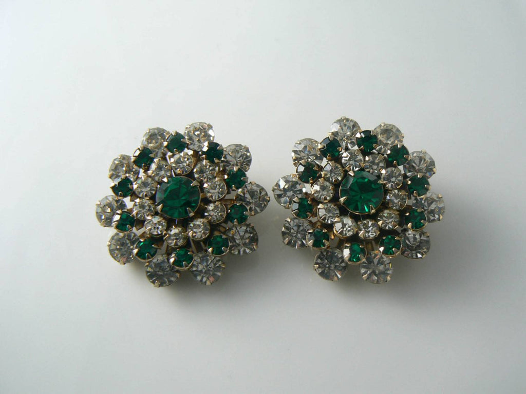 Sparkling Green And Clear Round Cut Rhinestone Earrings