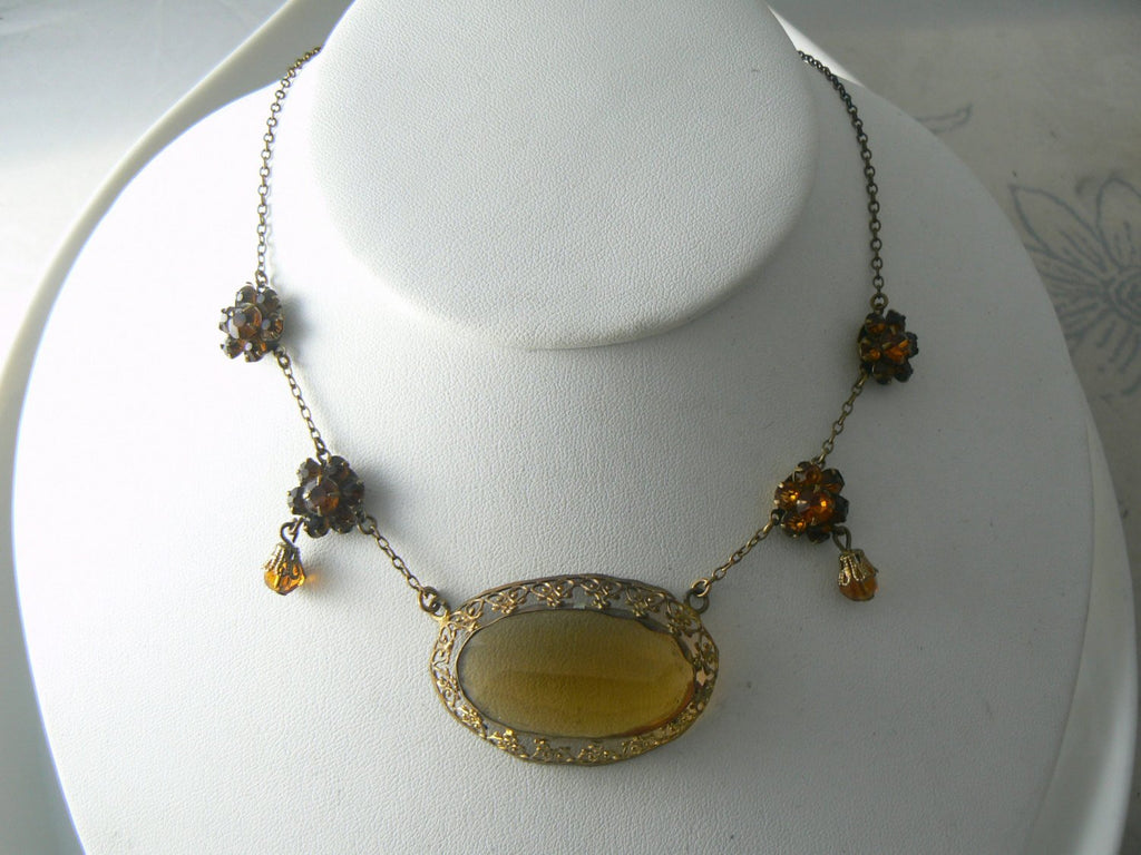 Vintage Art Deco Topaz Rhinestone Pendant And Glass Bead Necklace