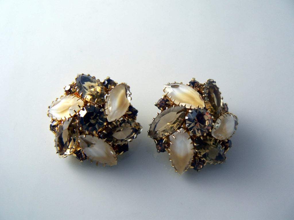 Vintage Marquise Brown And Tan Rhinestone Givre Clip Earrings
