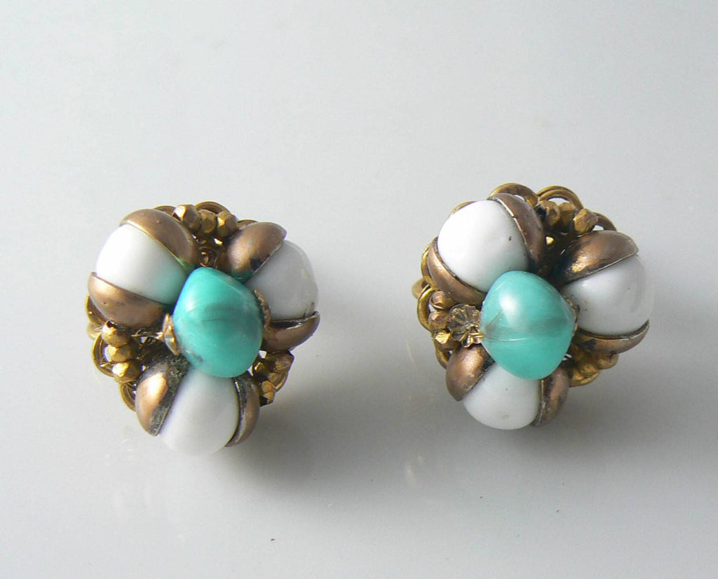 Miriam Haskell Gold Tone Filigree And Glass Earrings