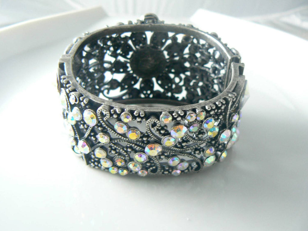 Ab Rhinestone Encrusted Wide Cuff Bracelet - Vintage Lane Jewelry