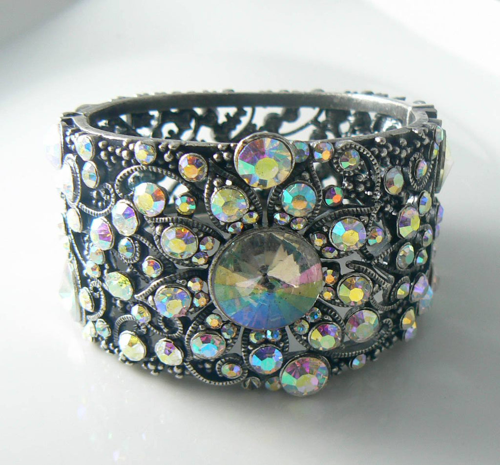 Ab Rhinestone Encrusted Wide Cuff Bracelet
