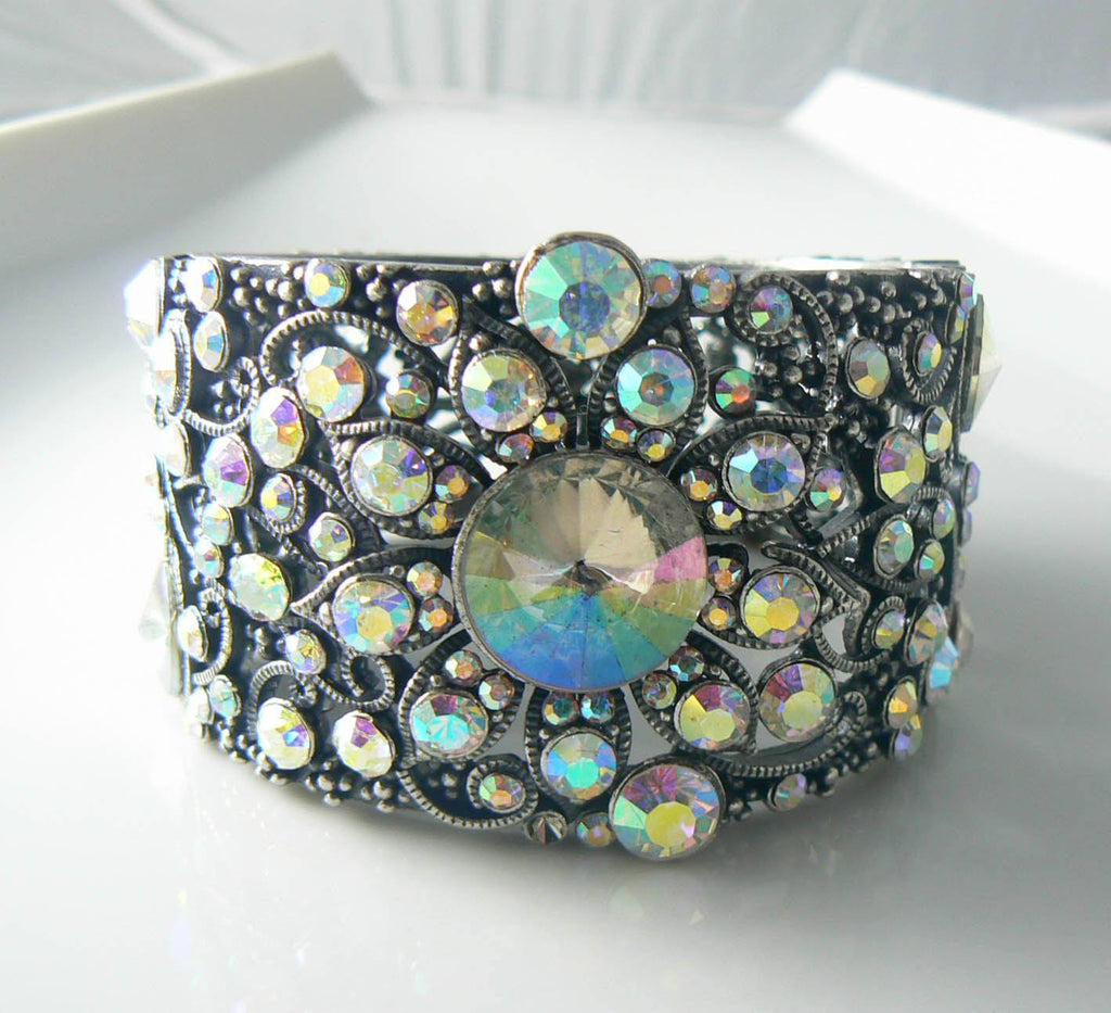Ab Rhinestone Encrusted Wide Cuff Bracelet - Vintage Lane Jewelry