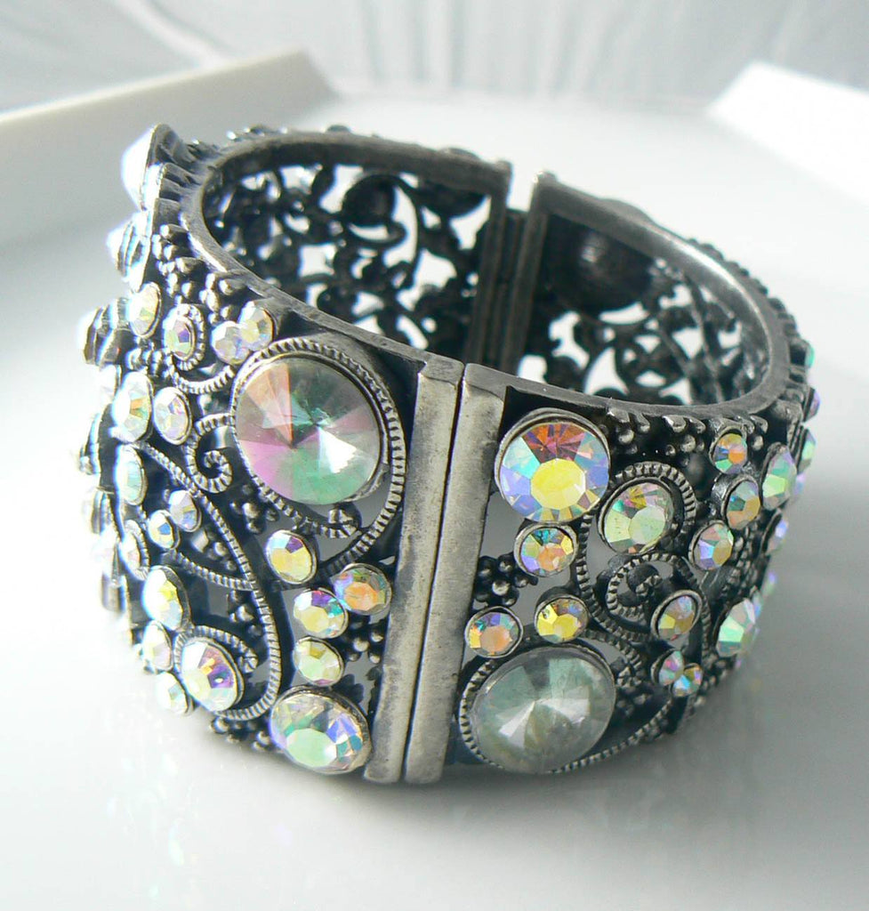 Ab Rhinestone Encrusted Wide Cuff Bracelet - Vintage Lane Jewelry