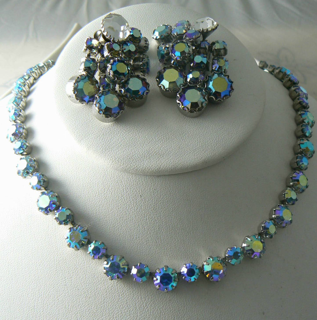 Vintage Ab Rhinestone Fenichel Necklace And Earrings