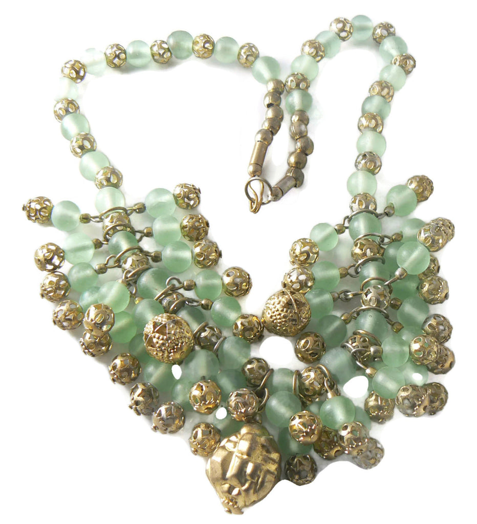 Green Glass Bead Gold Filigree Cha Cha Necklace