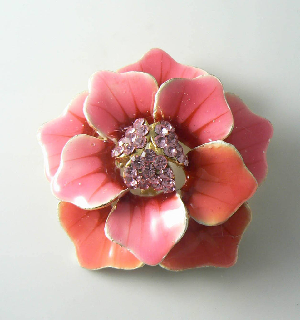 Vintage Pink Rhinestone Rose Brooch