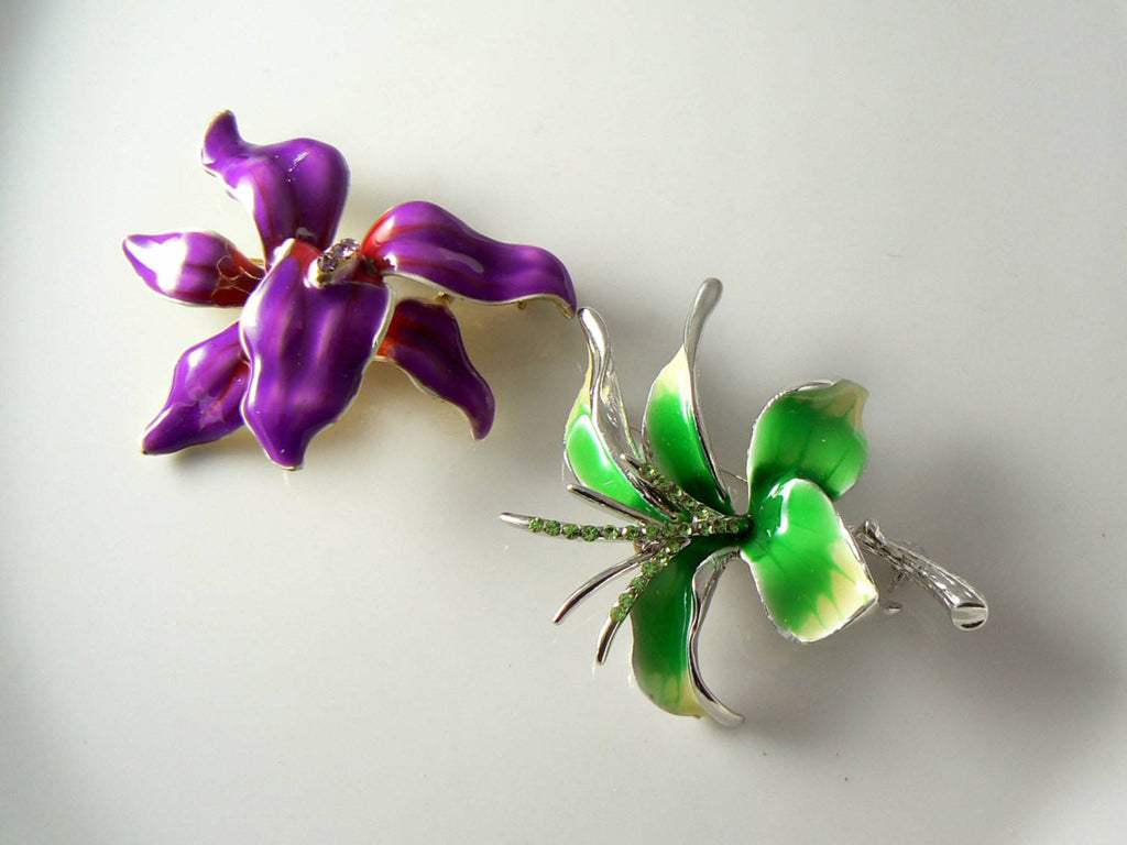 Purple And Green Enamel Orchid Pins