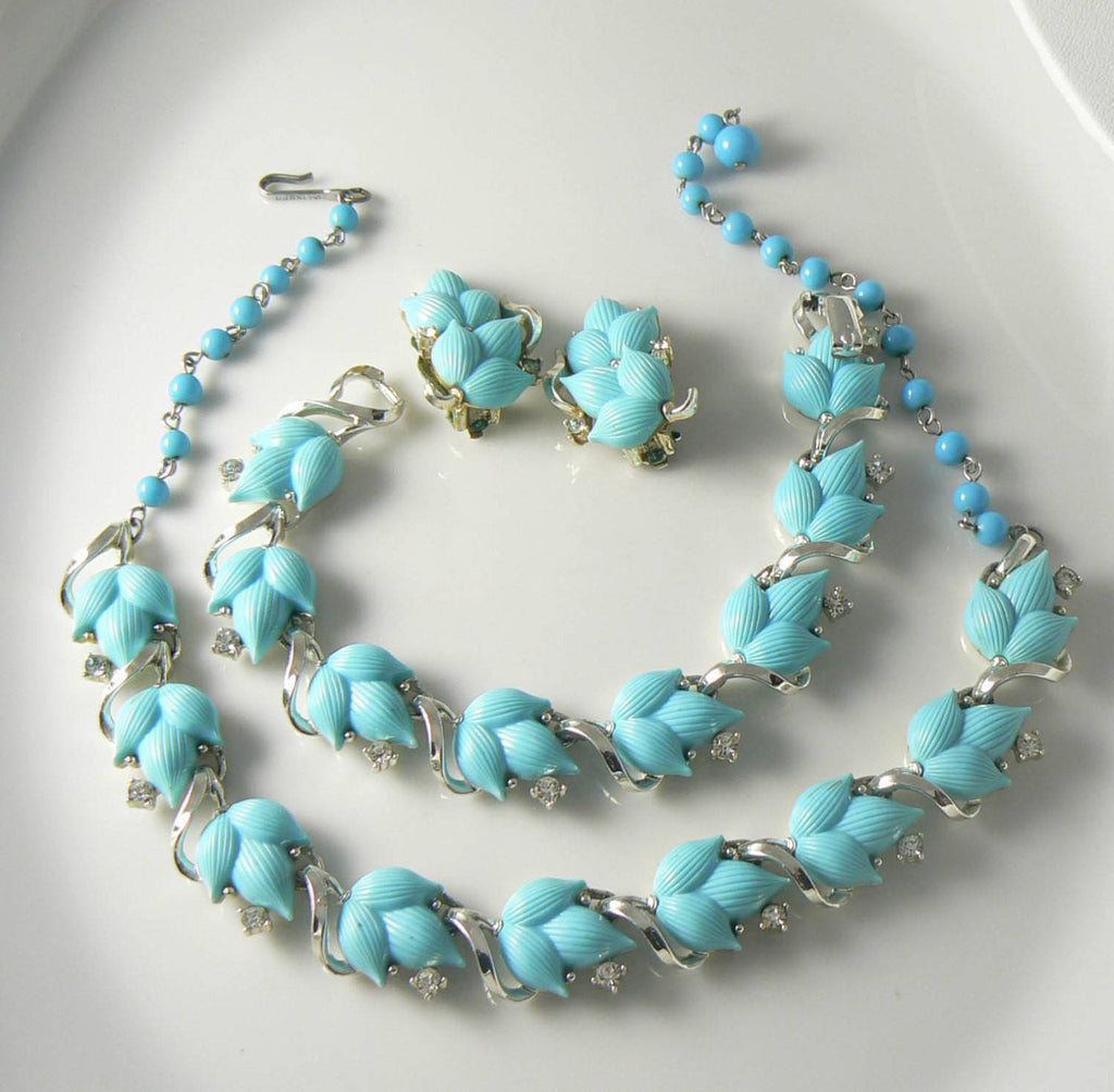 LISNER Blue Leaves Sparkling Ice Rhinestone Necklace Bracelet Earring Set