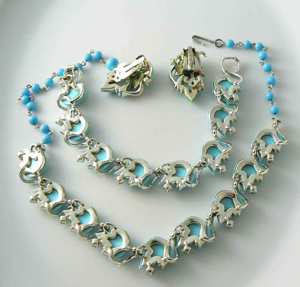 LISNER Blue Leaves Sparkling Ice Rhinestone Necklace Bracelet Earring Set - Vintage Lane Jewelry